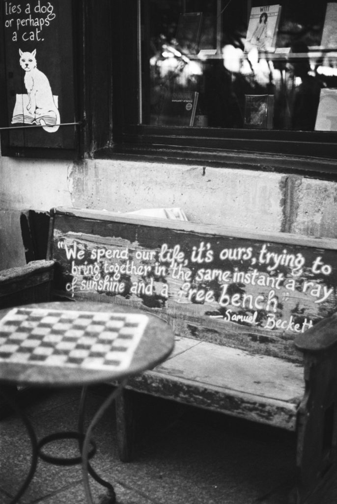 An old bookstore in Paris photographed on kodak tri-x 400 and a Pentax camera. Photo by Holly Michon Photography. 