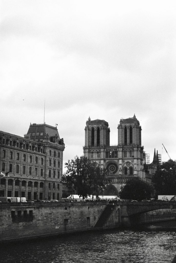 The Notre Dame over looking the Seine river in autumn, on Kodak tri-x 400 film. Photo by Holly Michon Photography.