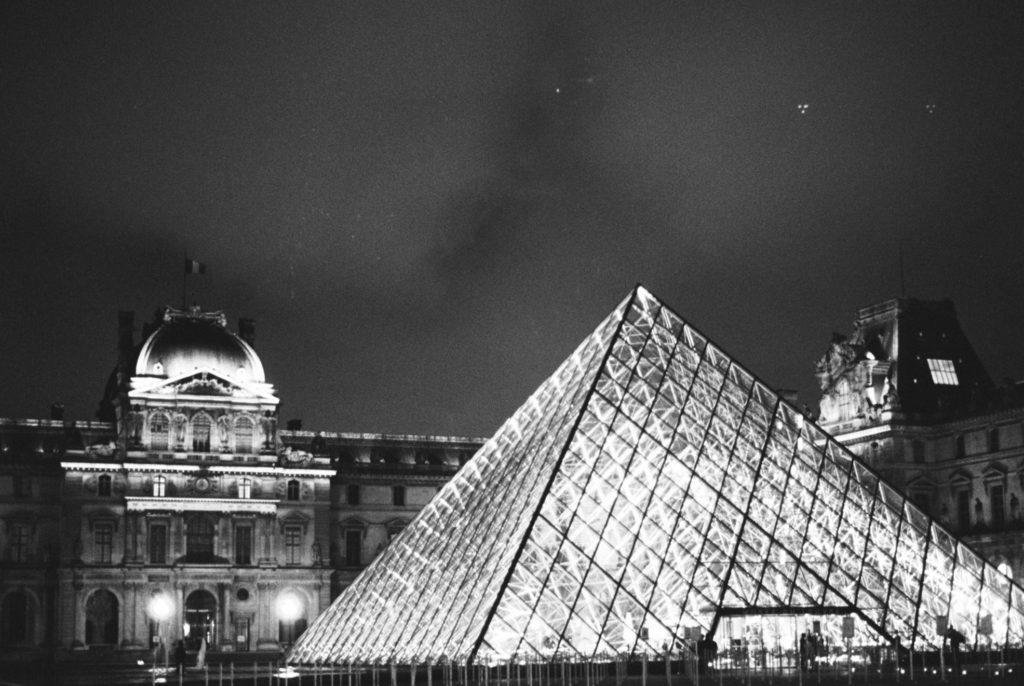 The Louvre Museum photographed at night on 35mm film. 