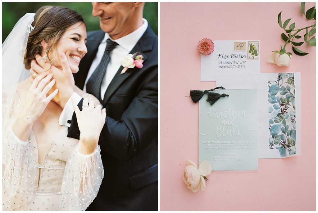 Whimsical, fun pink and green wedding invitation suite with flowers and custom calligraphy. Photo by Holly Michon Photography