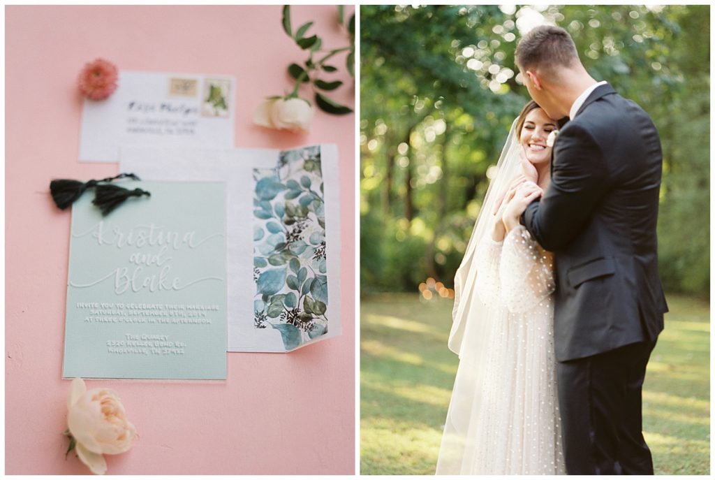 Whimsical, fun pink and green wedding invitation suite with flowers and custom calligraphy. Photo by Holly Michon Photography