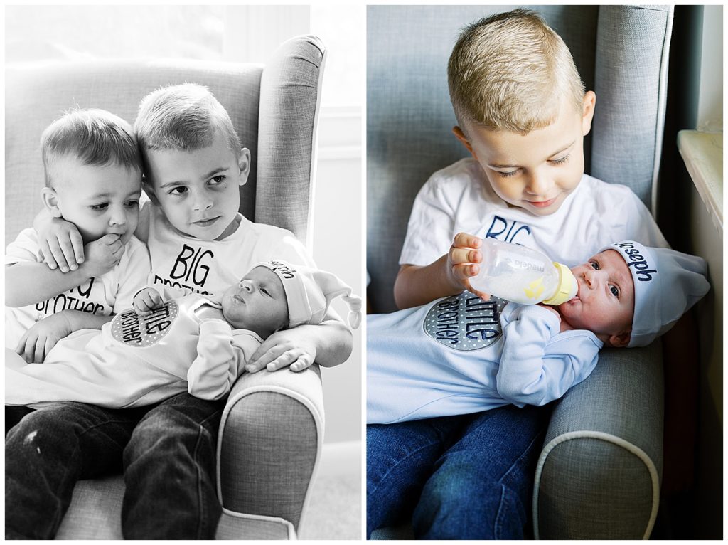 Proud big brothers help feed their newborn baby brother in this Knoxville family portrait session at home. Photo by Holly Michon Photography