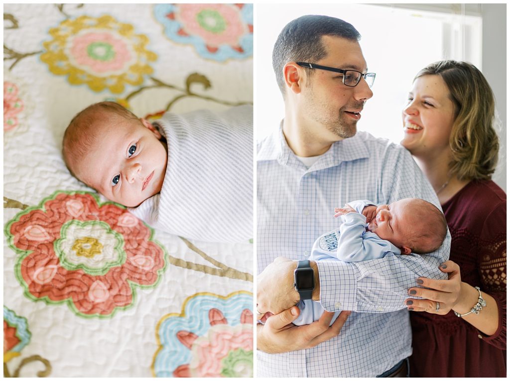 Mom and Dad cradle their infant baby in their home for their newborn session in East Tennessee. Photo by Holly Michon Photography. 