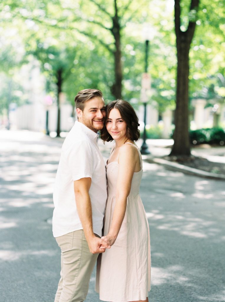 Classic and colorful engagement portraits off of Gay Street in Knoxville
