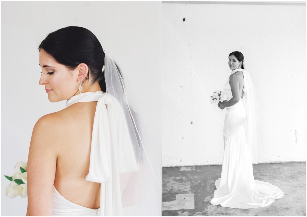Simple elegant bride, Lillian Ruth Bridal gown in Wither & Bloom Floral Design Studio