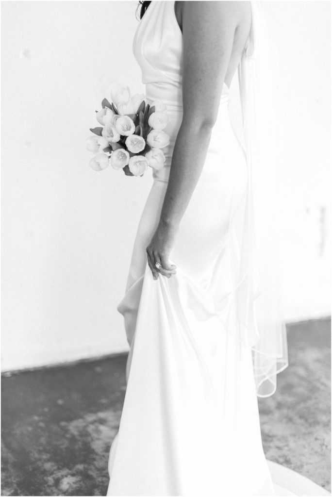 Simple elegant bride, Lillian Ruth Bridal gown in Wither & Bloom Floral Design Studio