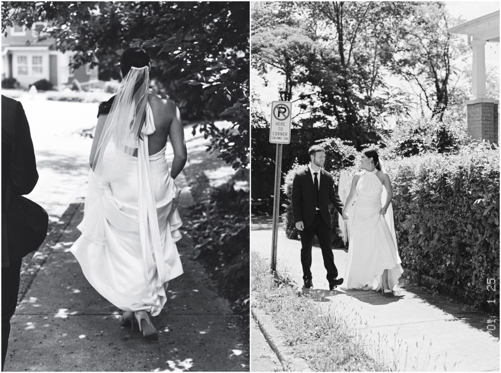 Casual, fun black and white film wedding photography of an whimsy outdoor wedding