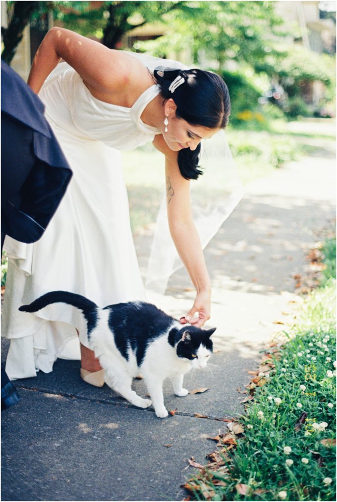 Nontraditional backyard wedding in downtown Knoxville, bride and groom photographed on film