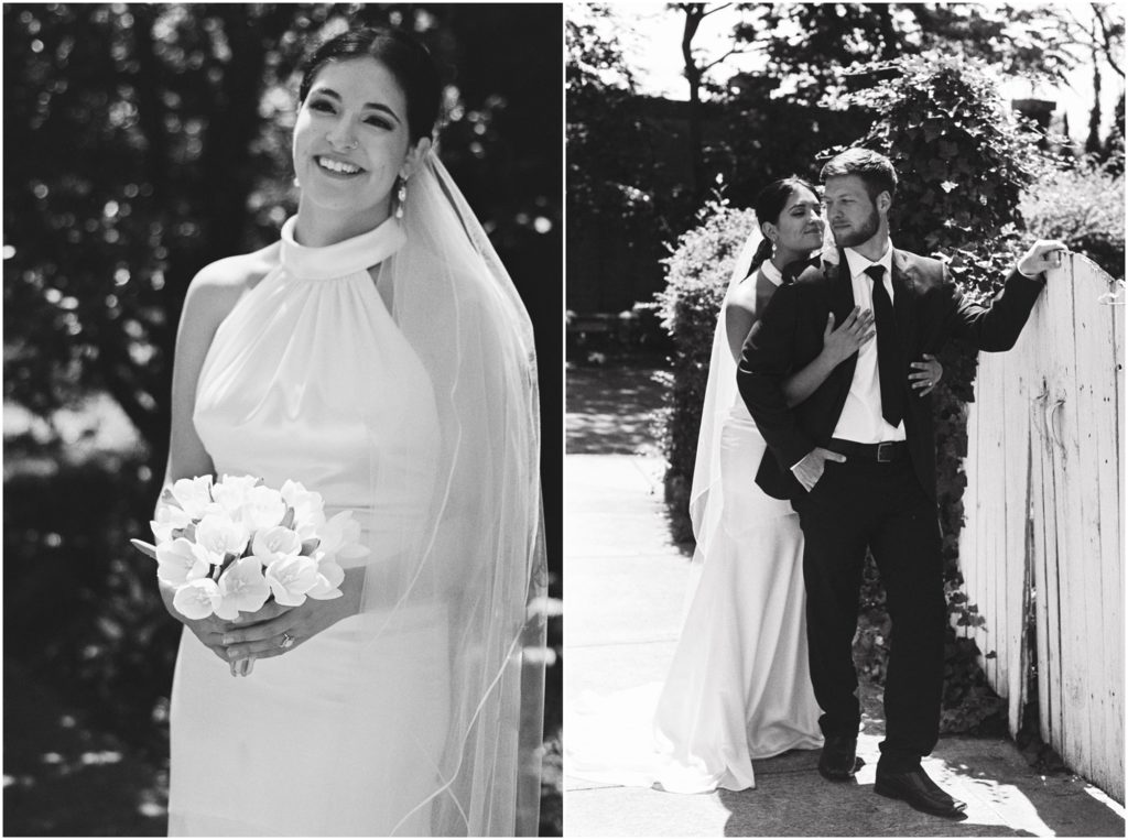Casual, fun black and white film wedding photography of an whimsy outdoor wedding