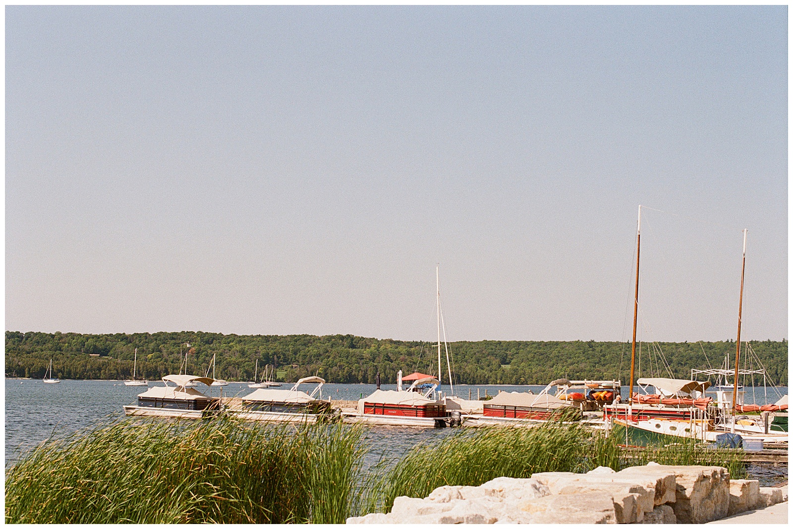 Lake Michigan and boats docked along Nicolette Bay in Door County