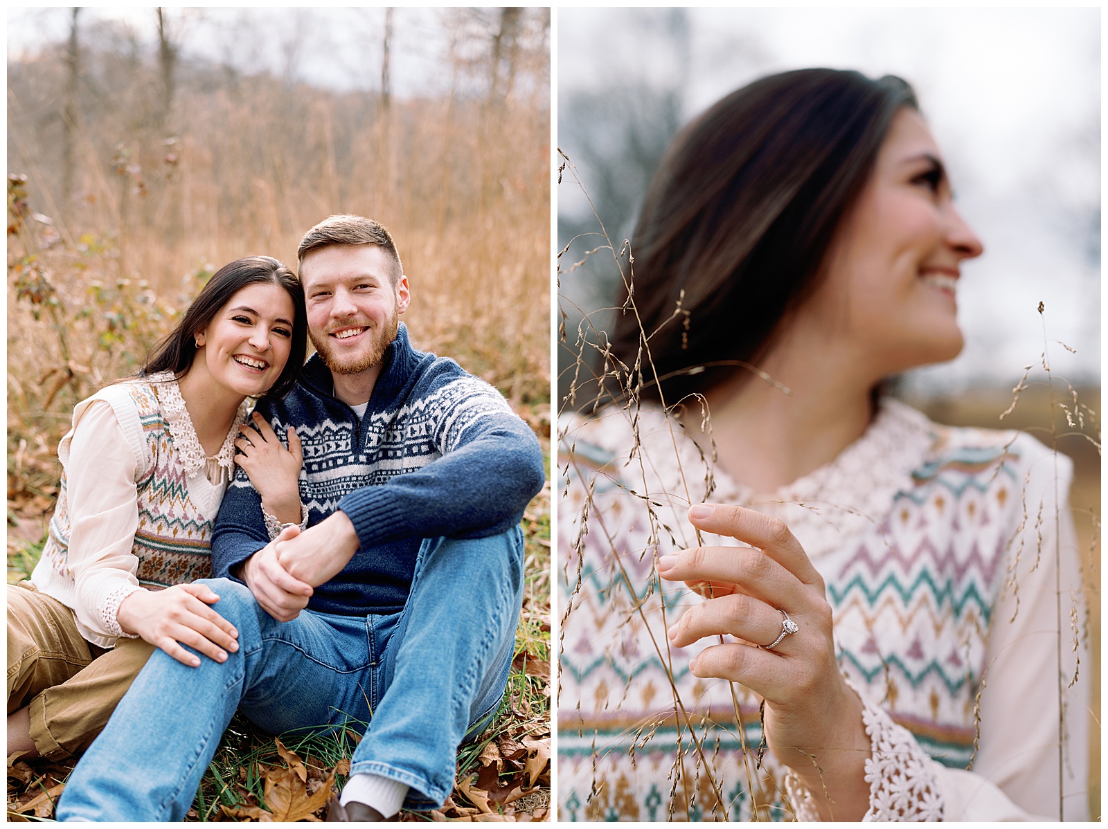 Guy and girl snuggled up in meadow at sunset in sweaters for their winter engagement session.