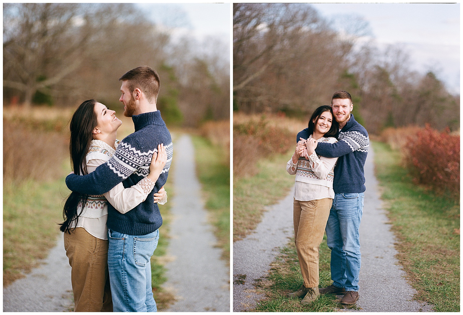 Engaged man and woman wearing sweaters in winter snuggled up in each others arms at their farm engagement session.