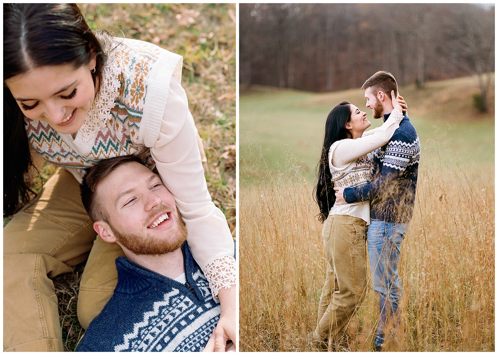 Engaged man and woman snuggled up and laughing in meadow at sunset in sweaters for their winter engagement session.