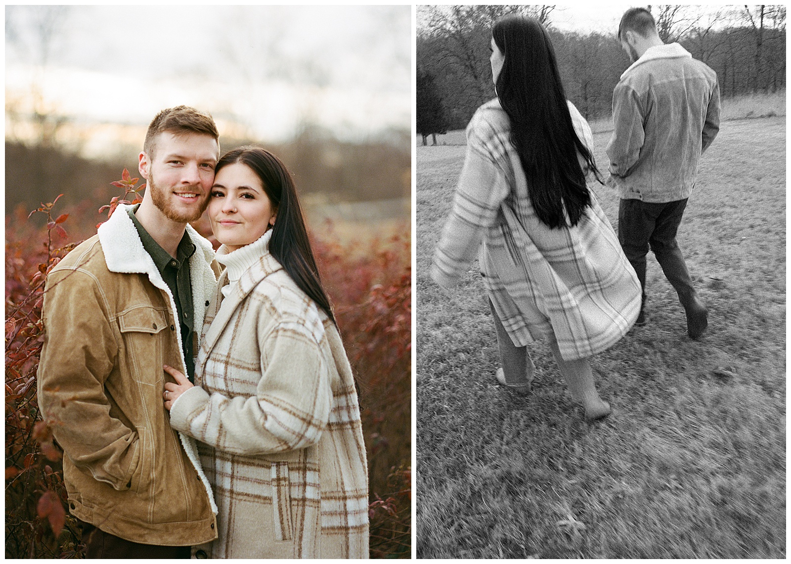 Engaged man and woman wearing winter coats in winter walking holding hands at their farm engagement session.