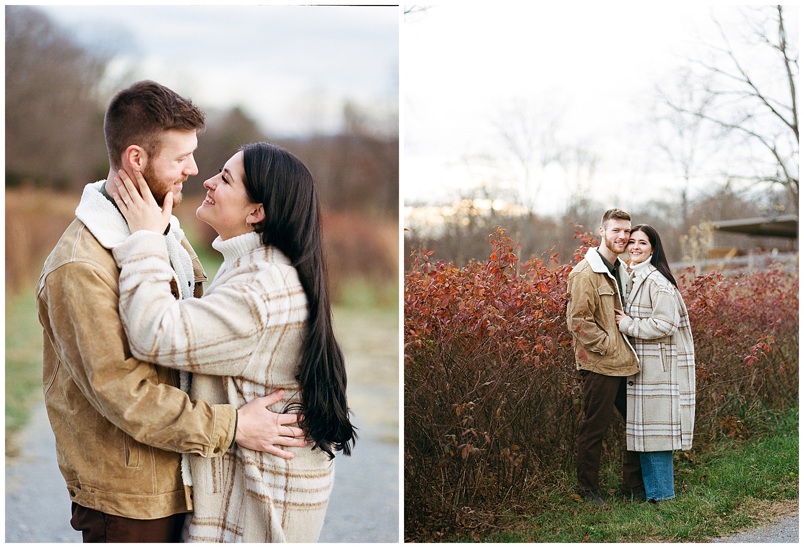 Engaged man and woman wearing winter coats in winter snuggled up to each other at their farm engagement session.