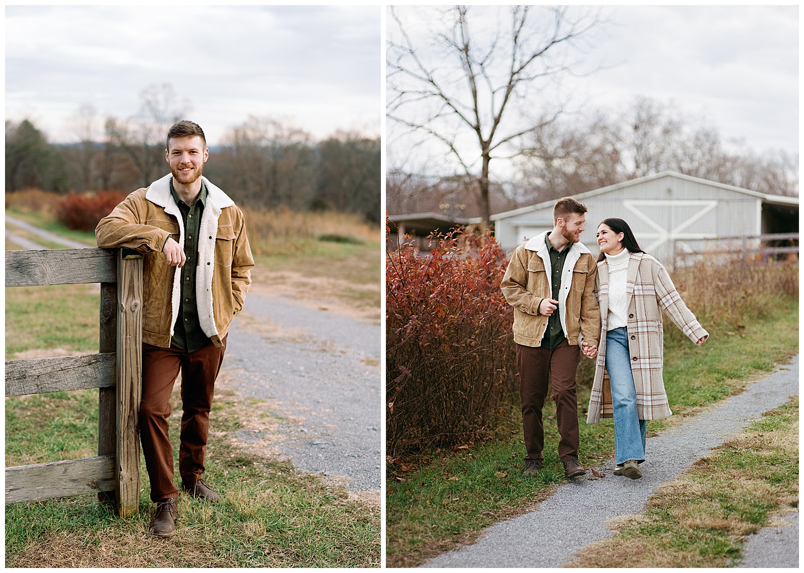 Engaged man and woman wearing winter coats in winter walking with each other at their farm engagement session.
