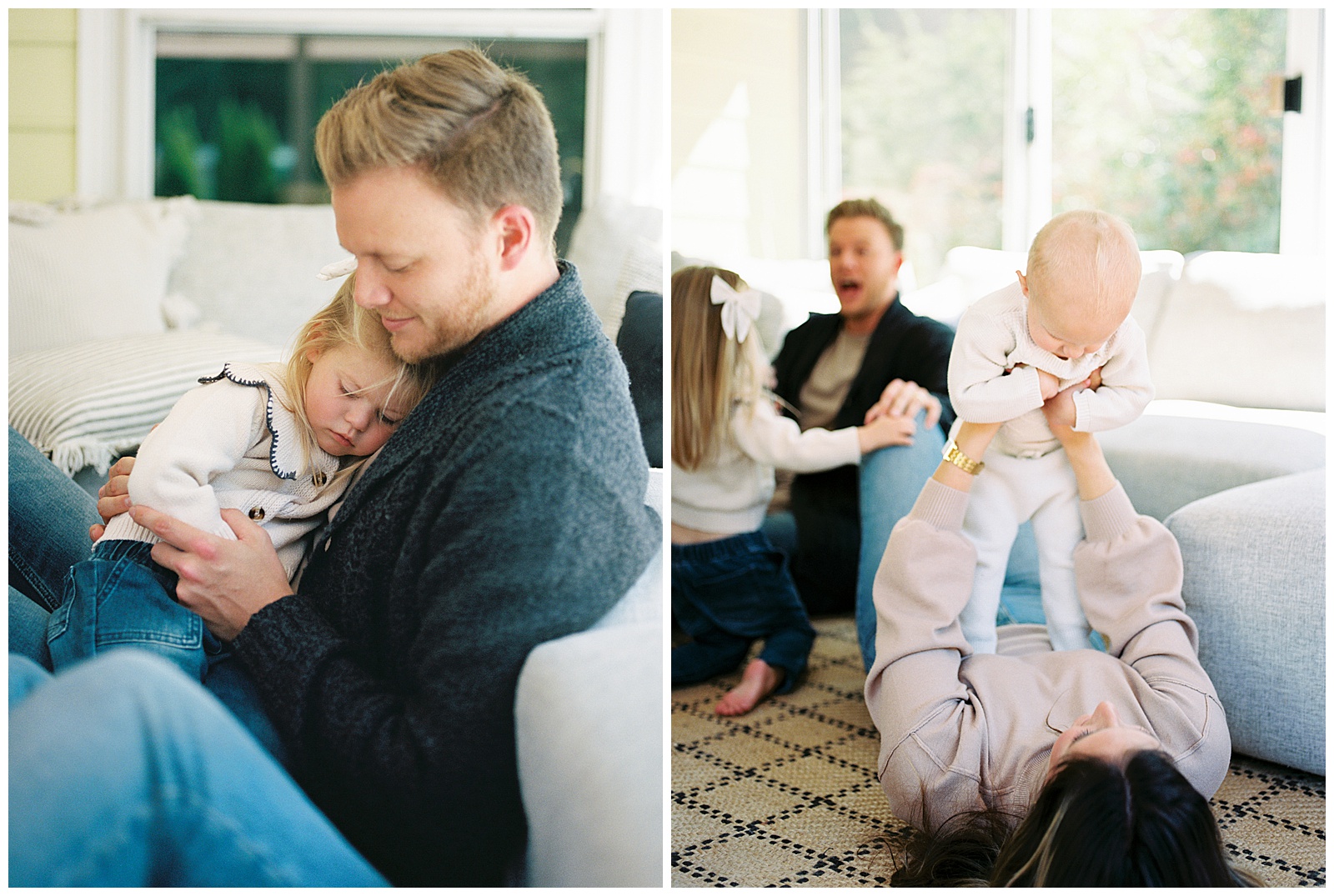 Mom and dad play with their kids for candid photos in their home during their family session by Holly Michon Photography