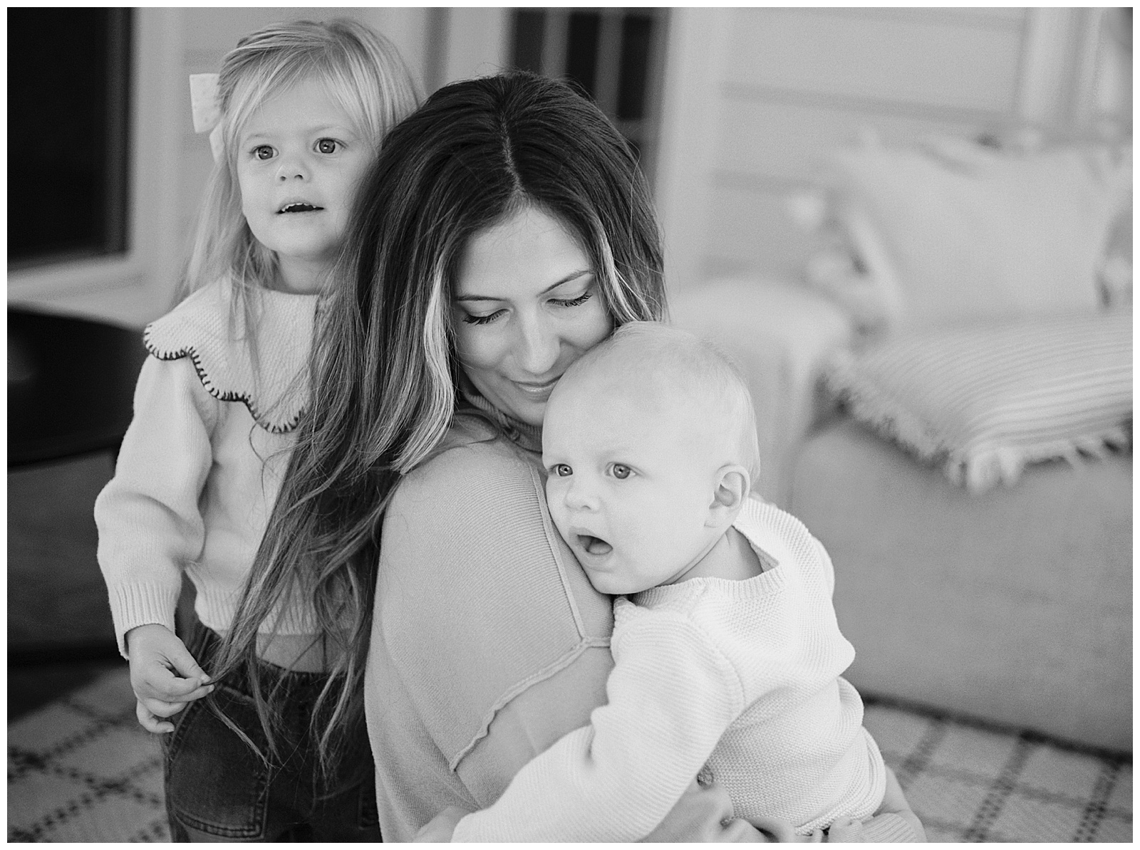 Black and white film candid in home lifestyle family photos