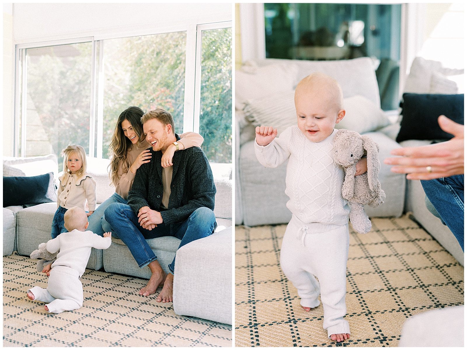 Mom and dad play with their daughter and baby son on the couch in their home for professional family photos