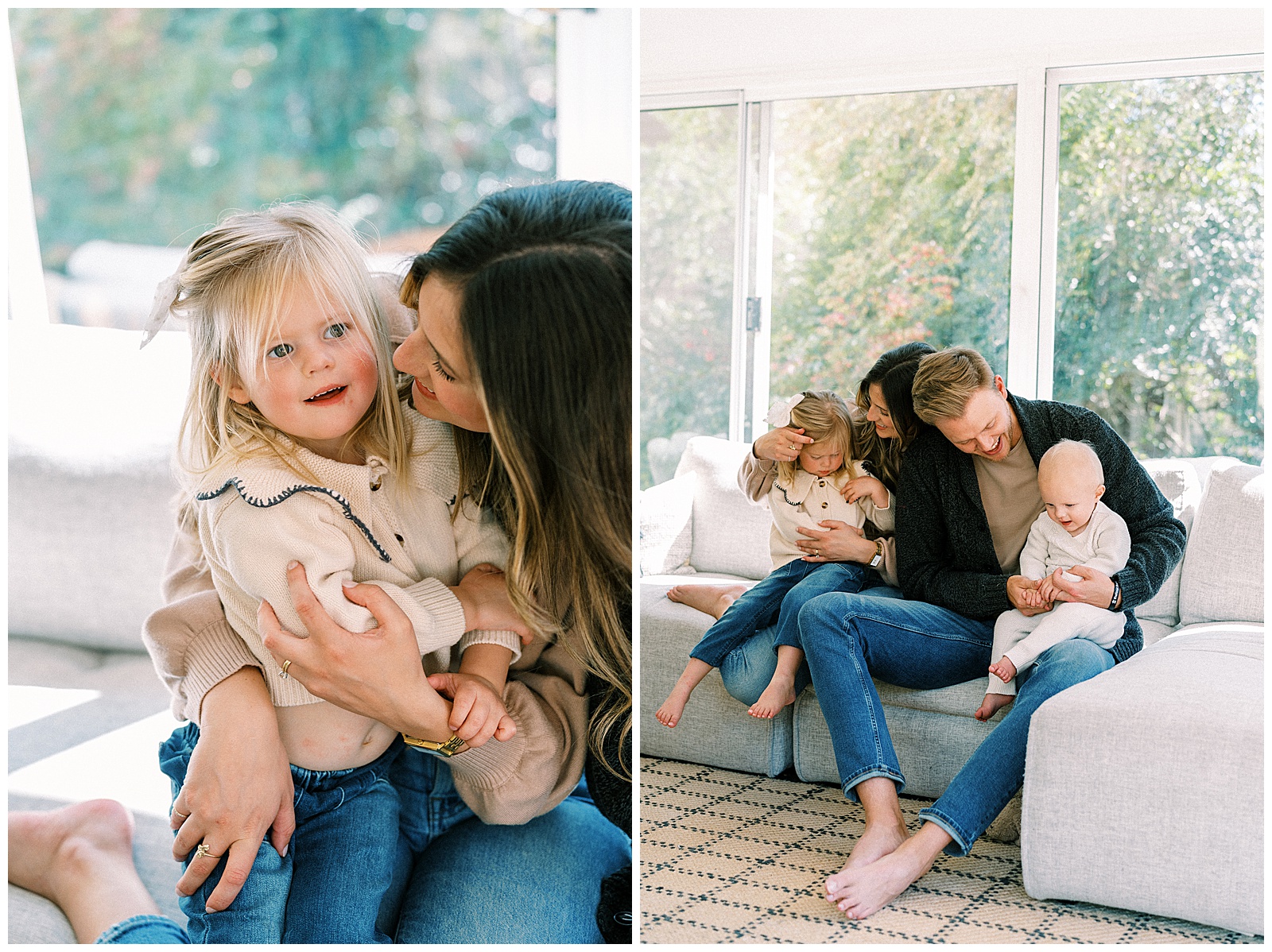 Mom and dad snuggle their daughter and baby son on the couch in their home for professional family photos