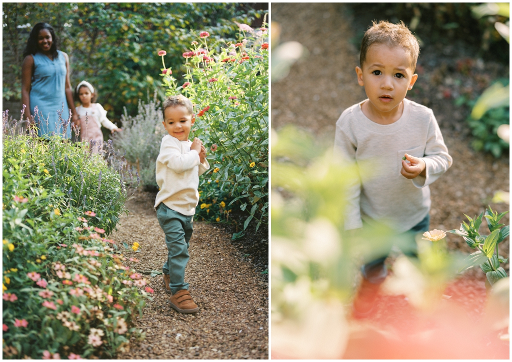 Mom and her children play amongst flowers at Knoxville Botanical Gardens outside for their lifestyle family photo session.