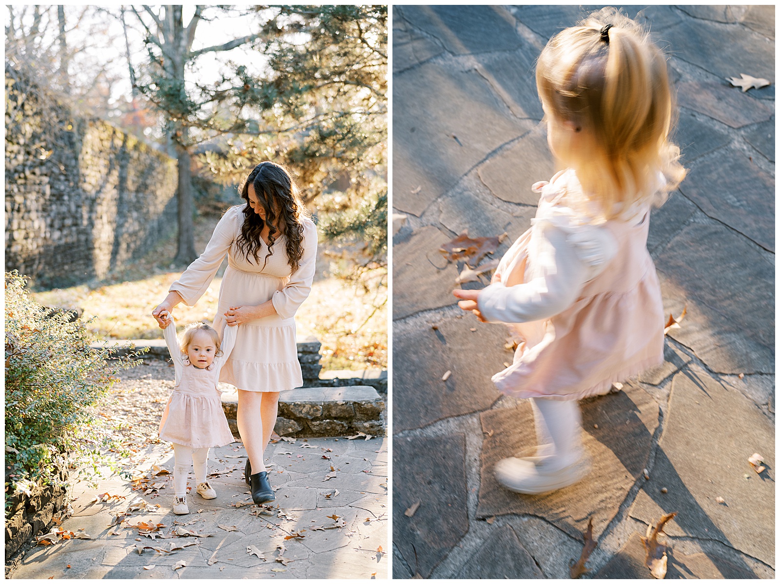 In motion photo of child in vibrant autumn family photo shoot.