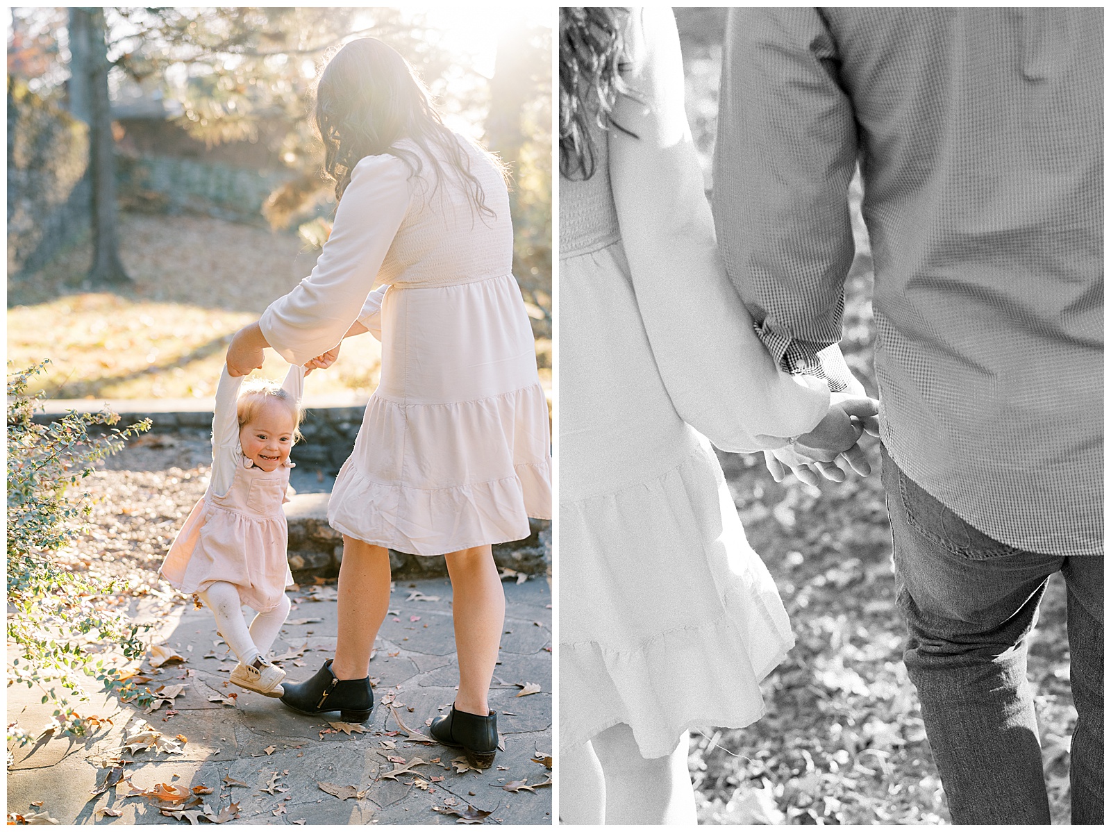 Close up photo of parents holding hands in family fall photo session.