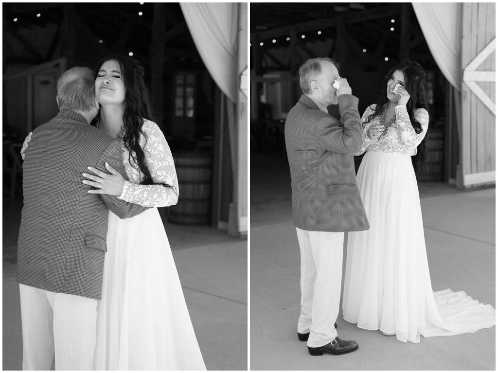 Bride and dad share emotional first look in black and white image.