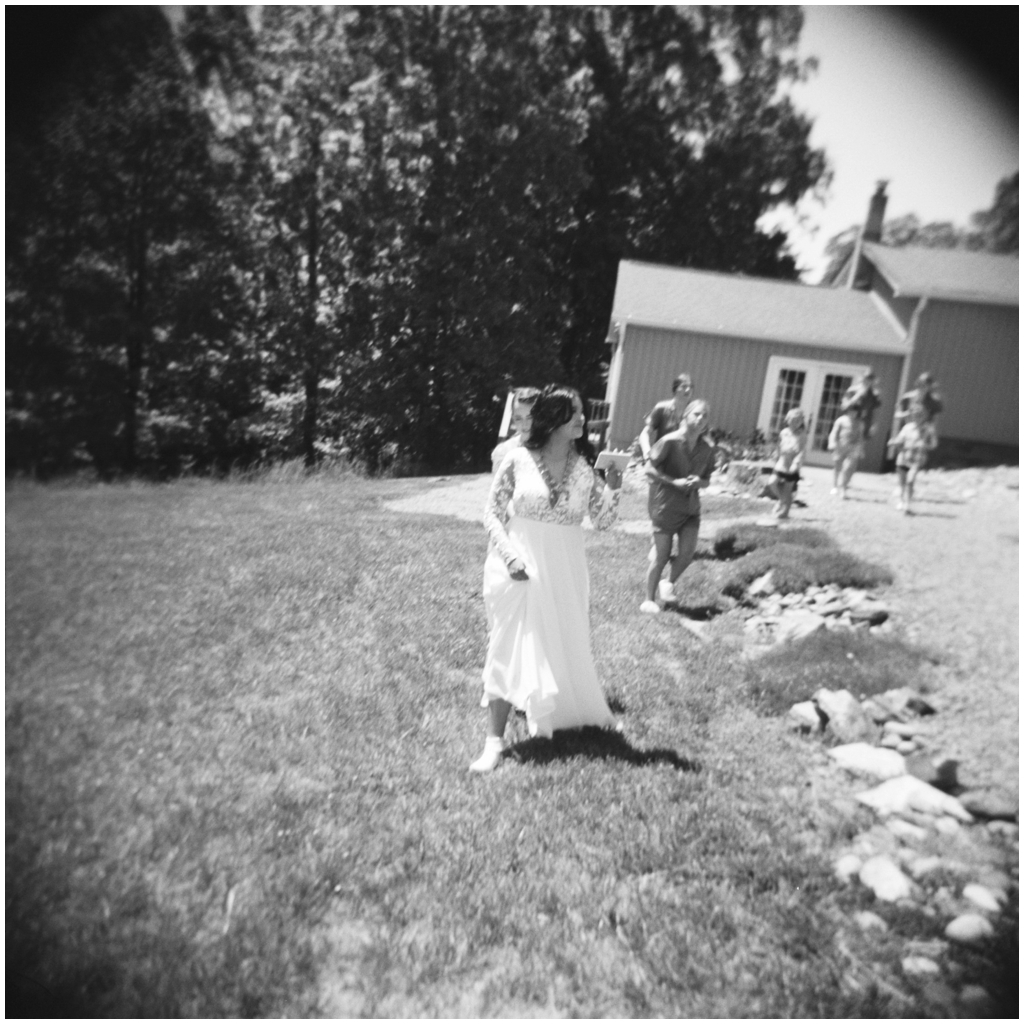 Black and white blurry film image of bridal suite.