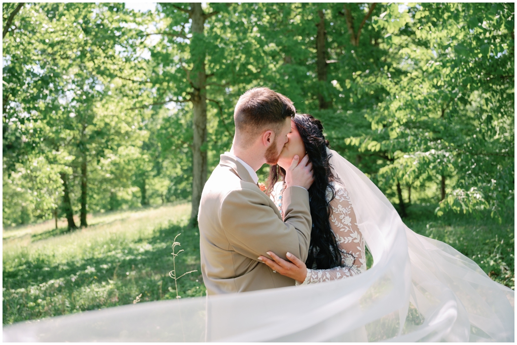 Sweeping veil image of bride and groom kissing in Knoxville spring wedding.