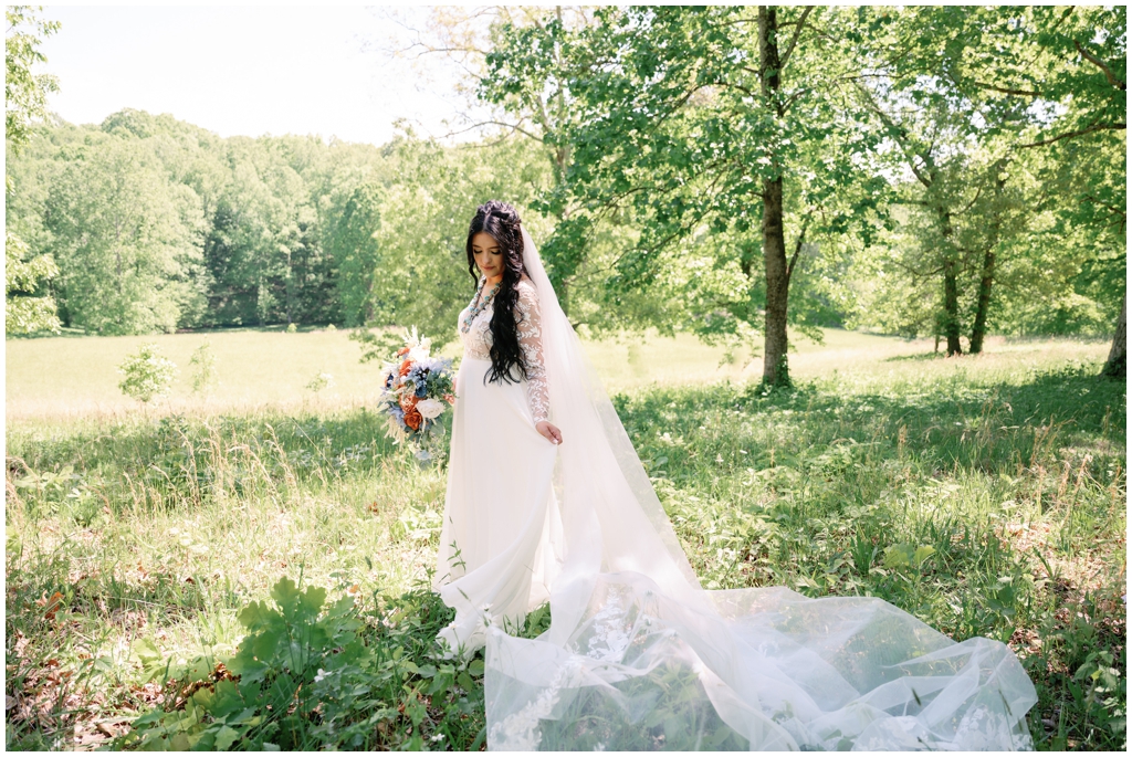 Beautiful bride solo portrait in a sunny meadow in Knoxville, TN.