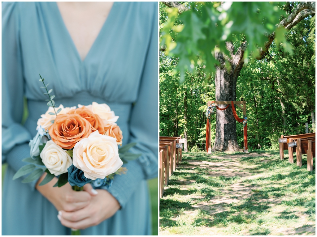 Detail shots of venue and bridesmaids dress and bouquet.