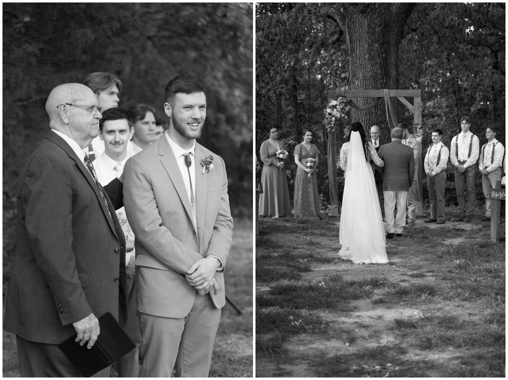 Bride is escorted down the aisle by father in black and white images in Knoxville spring wedding.