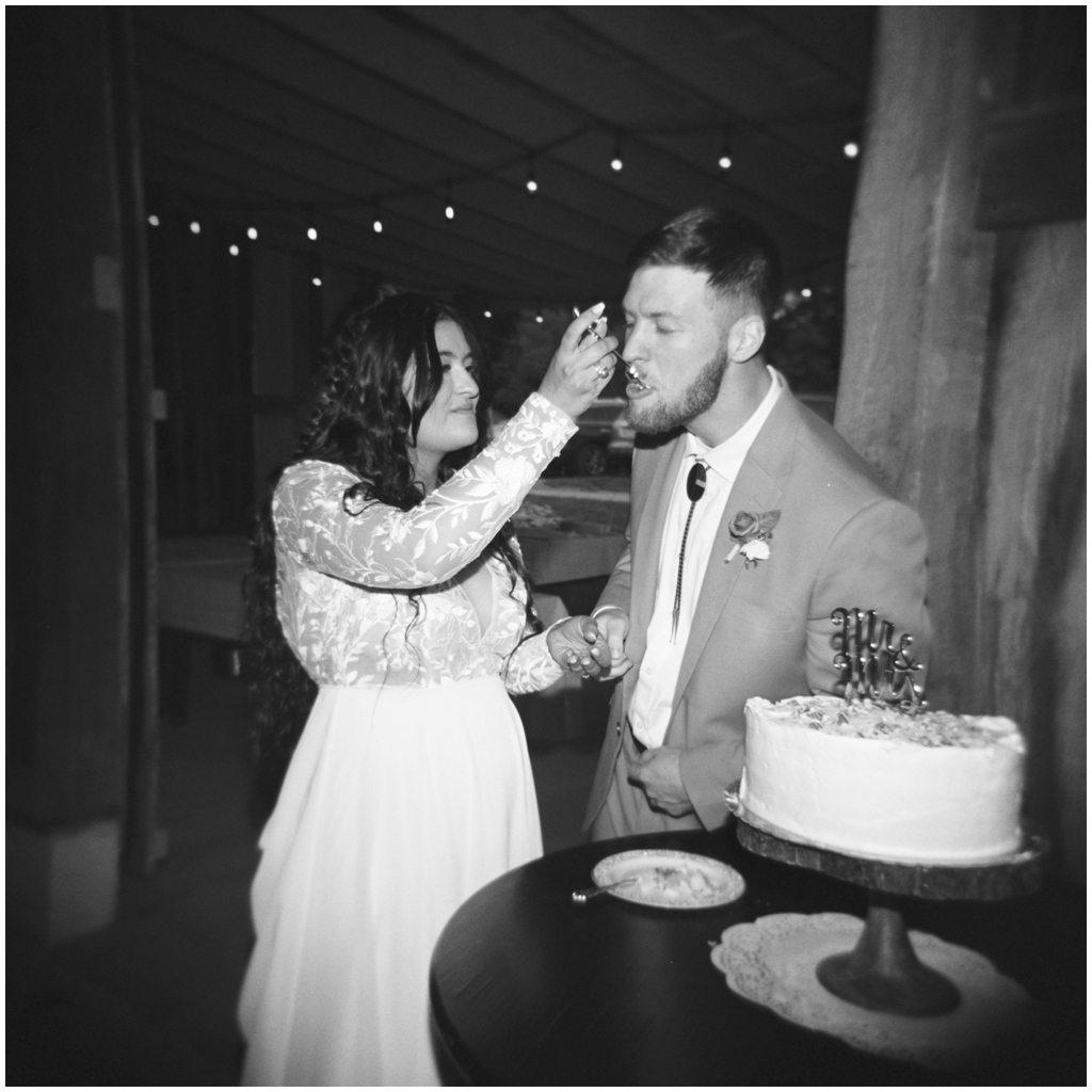 Bride feeds groom a piece of cake during wedding reception in Knoxville, TN.