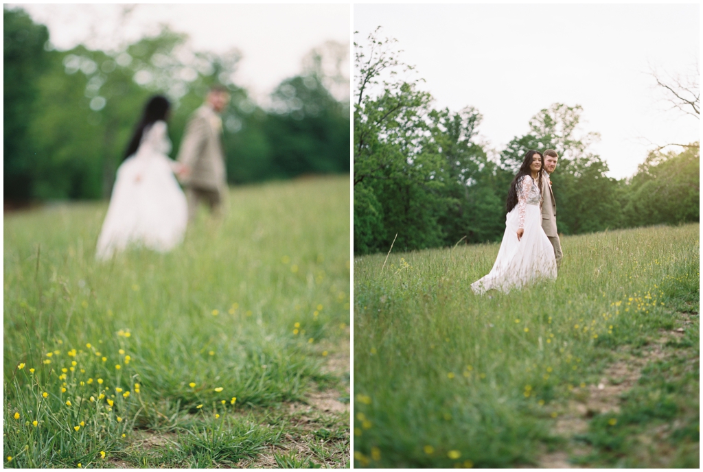 Blurry photos of bride and groom walking in nature during Knoxville, TN wedding.