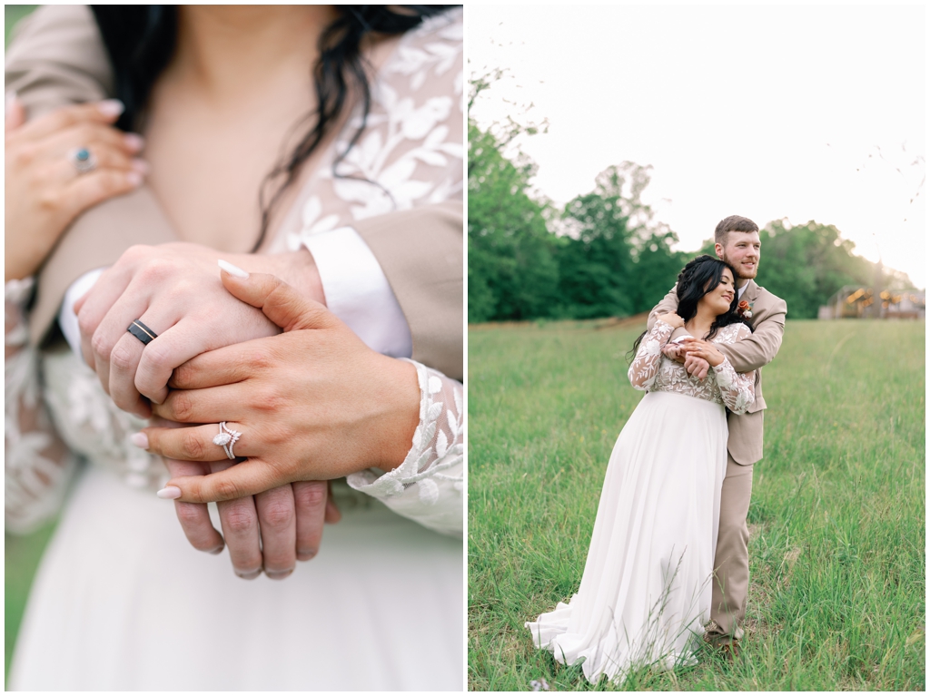 Groom hugs bride from behind in bright image of Knoxville, TN wedding.