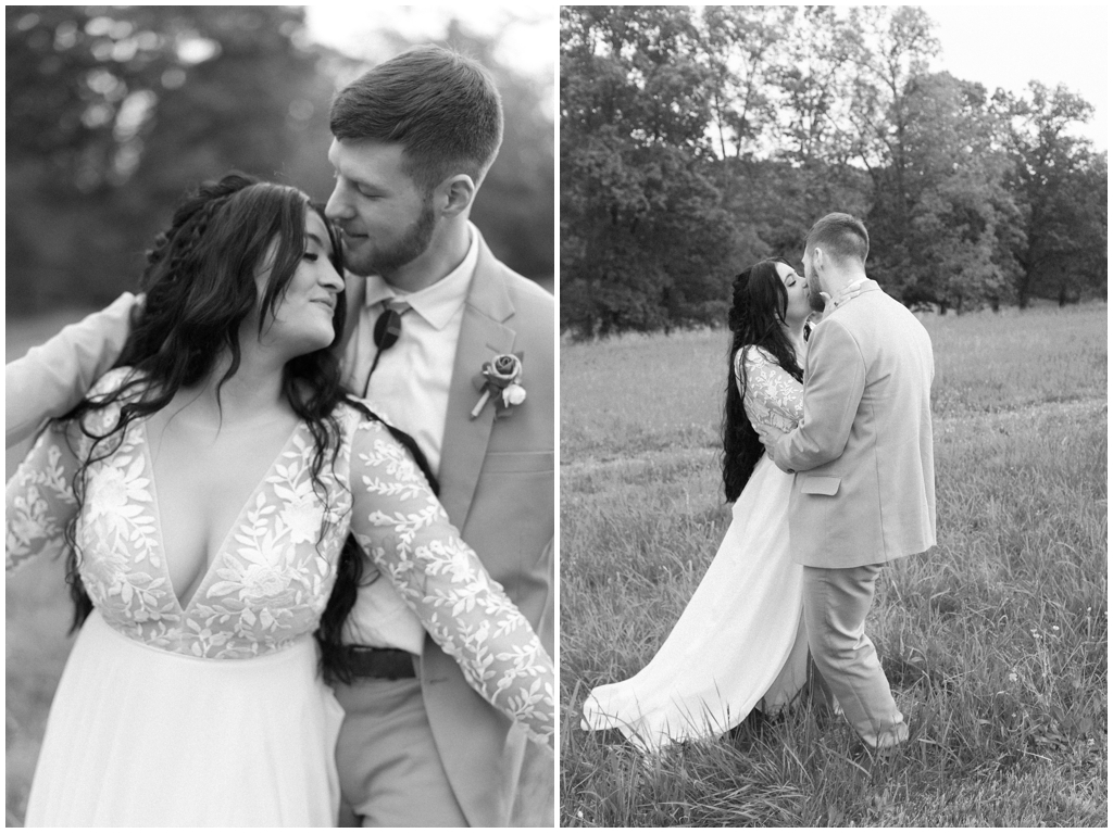 Black and white romantic images of bride and groom in field after wedding reception.