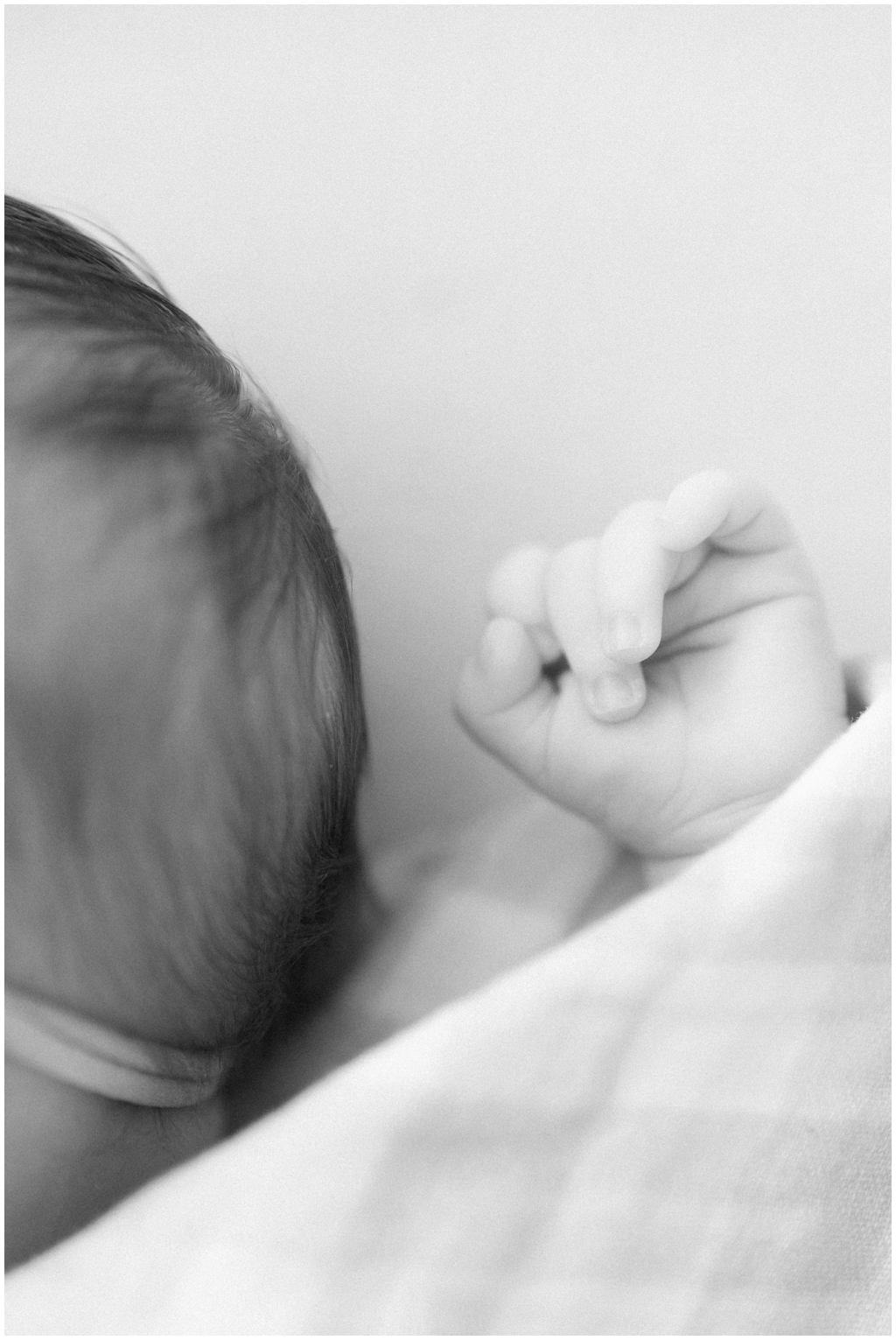 Detailed black and white film image of newborn during photoshoot in Knoxville, TN.