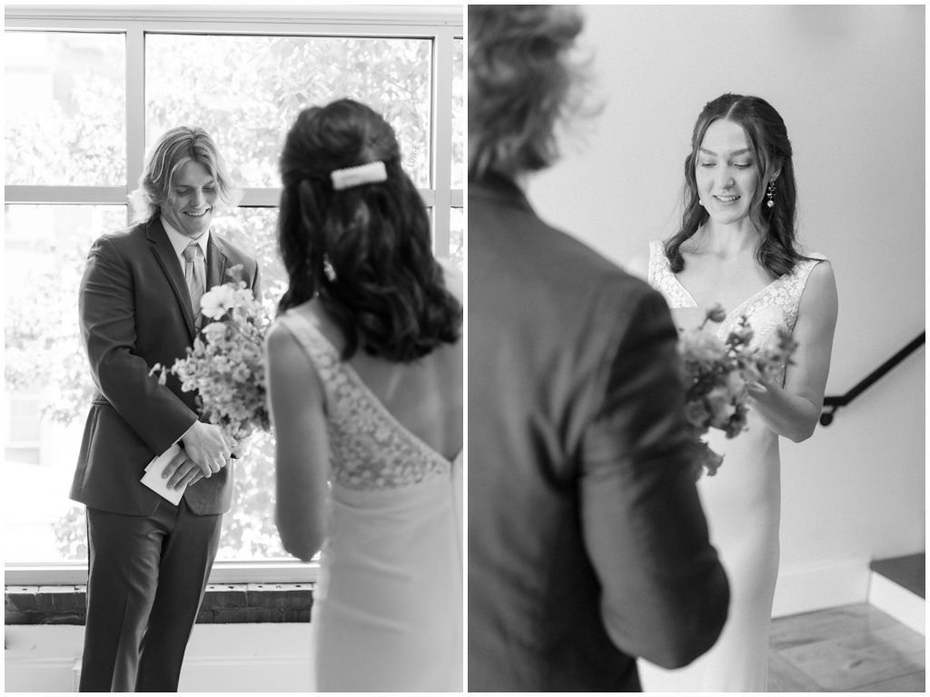 Black and white image of bride and groom sharing a private moment before the ceremony in Maryville, TN.