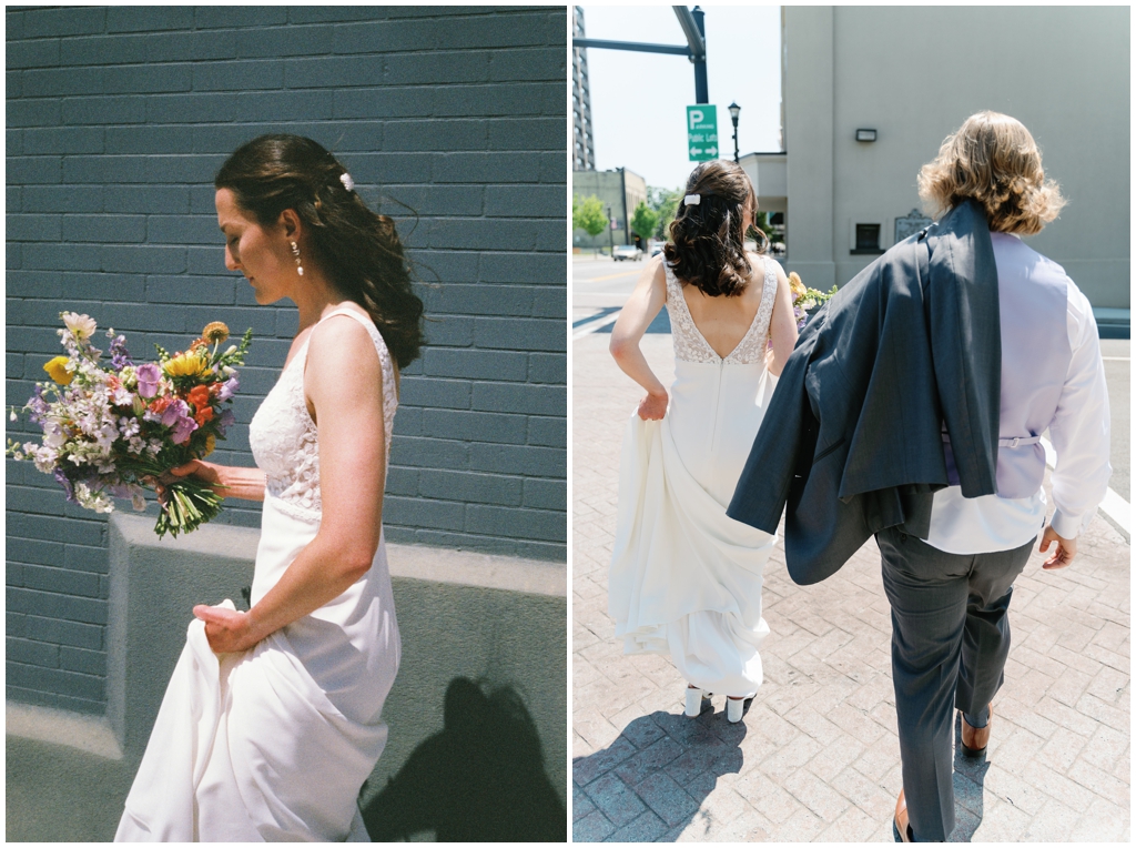 Candid images of bride and groom walking during classy Maryville, TN wedding.