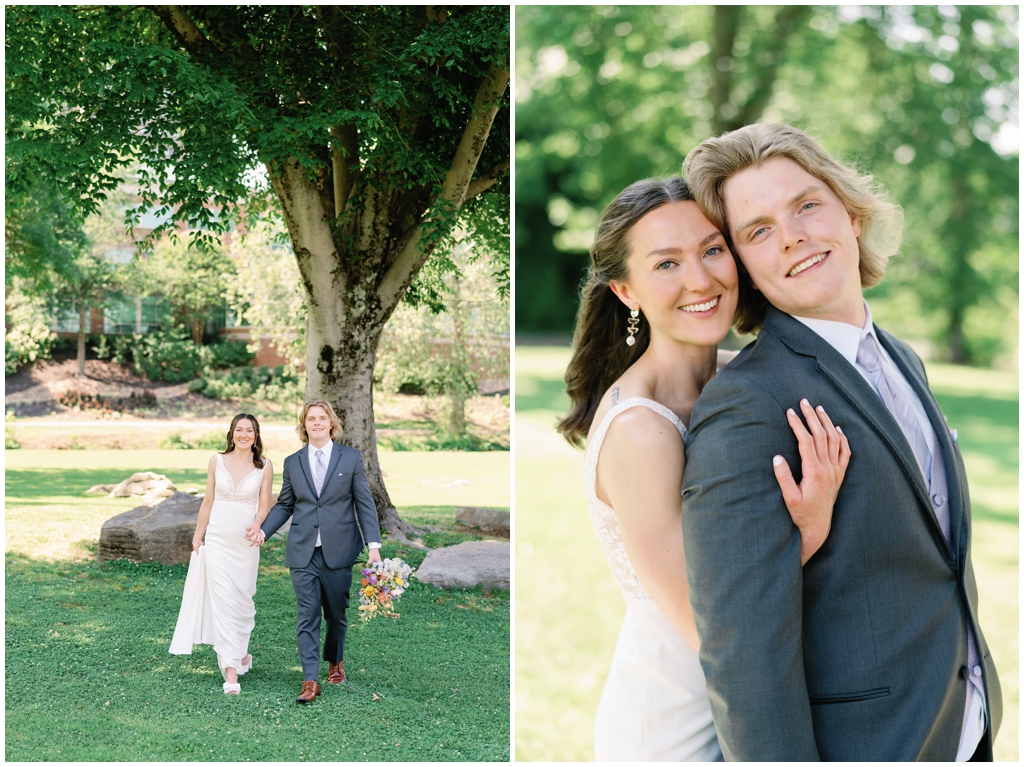 Bright and sunny image of beautiful bride and groom walking through park in Maryville, TN.