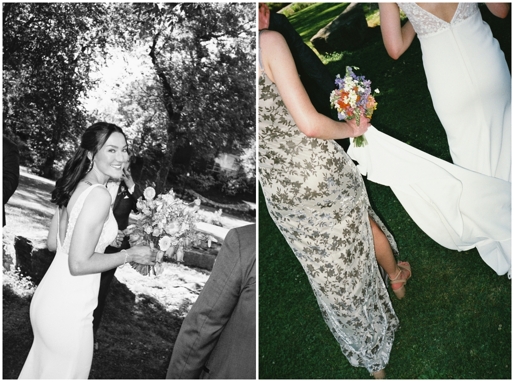 Film image of bride and bridesmaid in Maryville park.