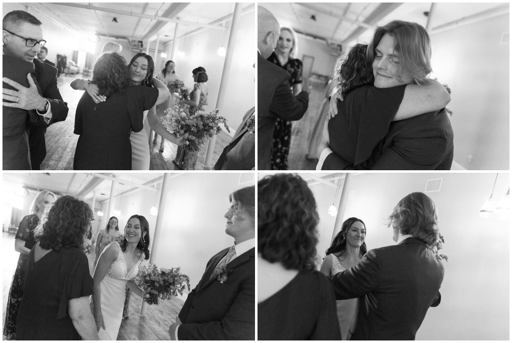 Close friends embracing after wedding ceremony at Skyview venue in Knoxville, TN.