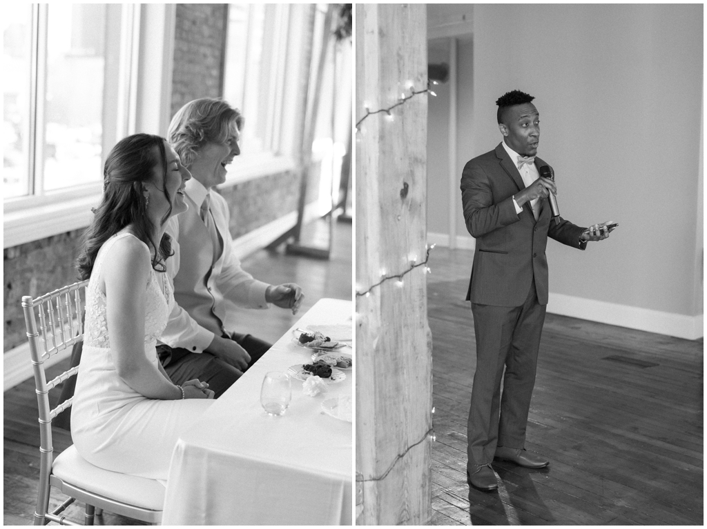 Black and white image of best man giving speech at wedding in Maryville, TN.