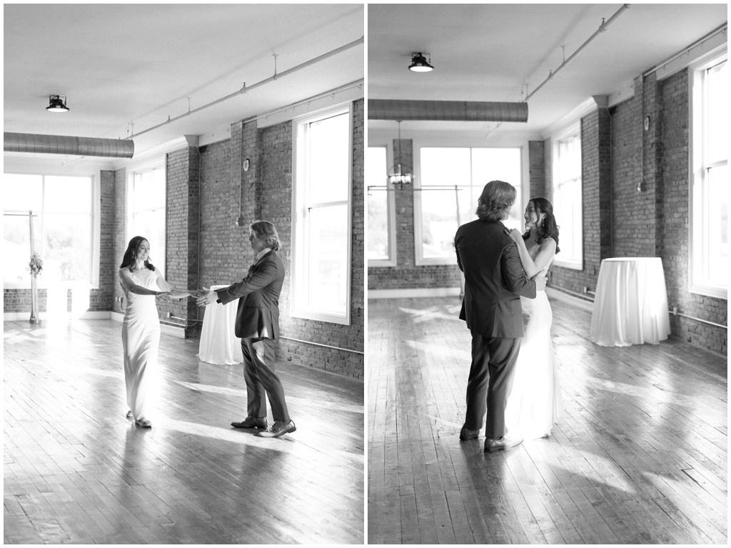 Black and white image of bride and groom slow dancing during romantic wedding in Maryville, TN.