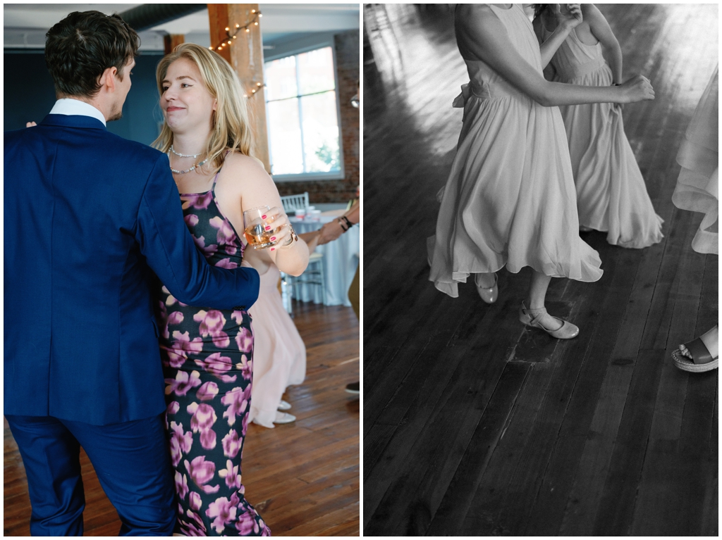 Wedding guests dancing at reception at skyview venue.