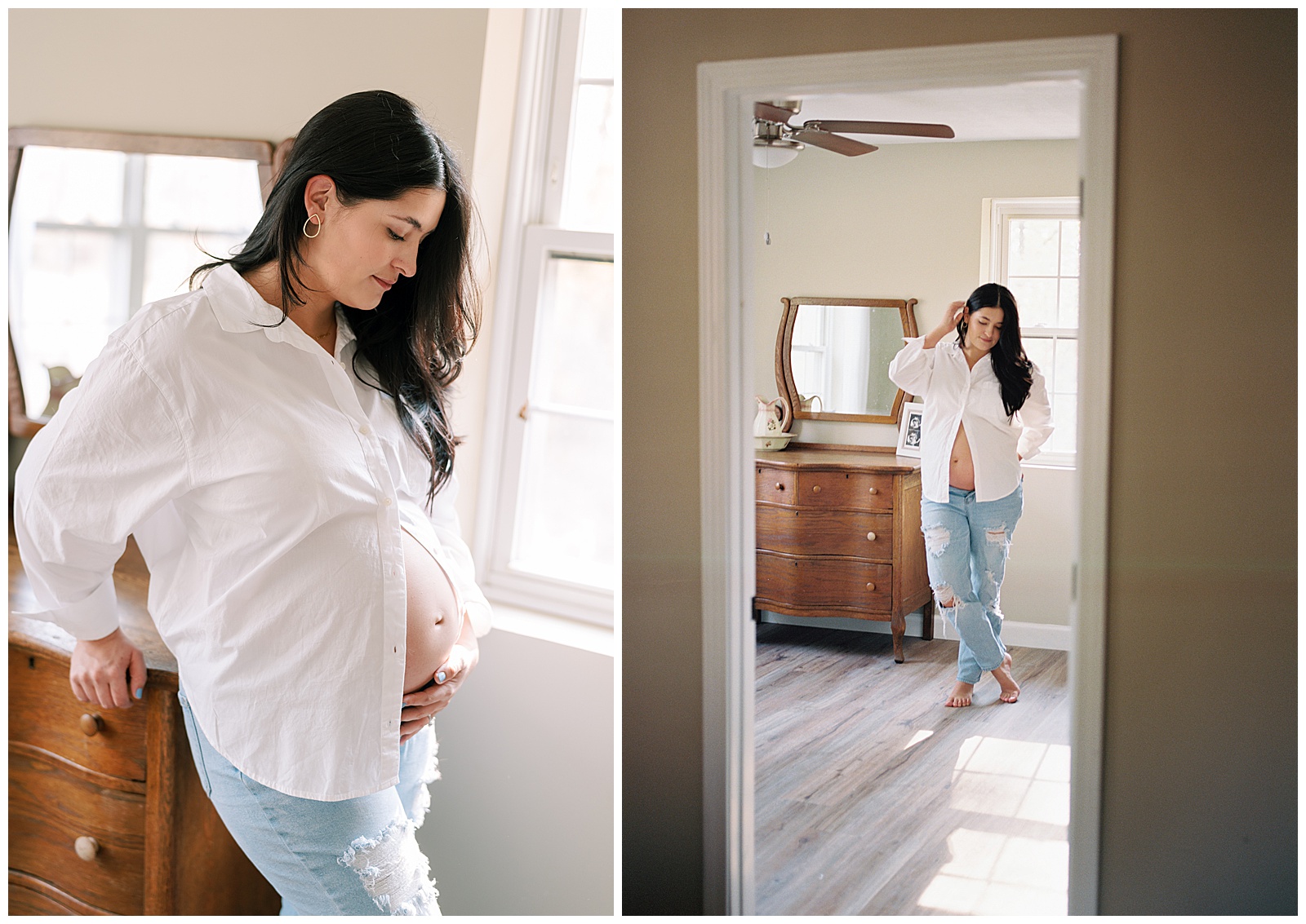 New mom poses for solo shot during magical and timeless Knoxville maternity session.