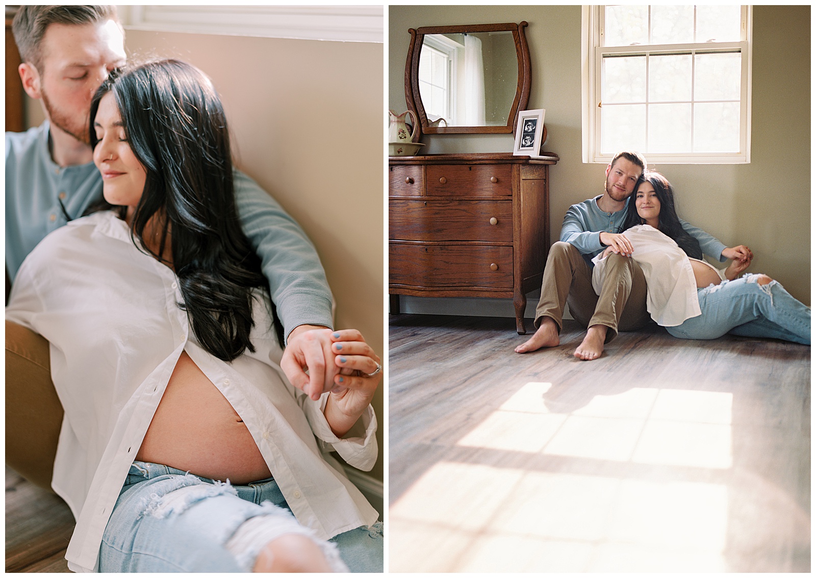 New parents pose together for bright and sunny image during Knoxville maternity session.