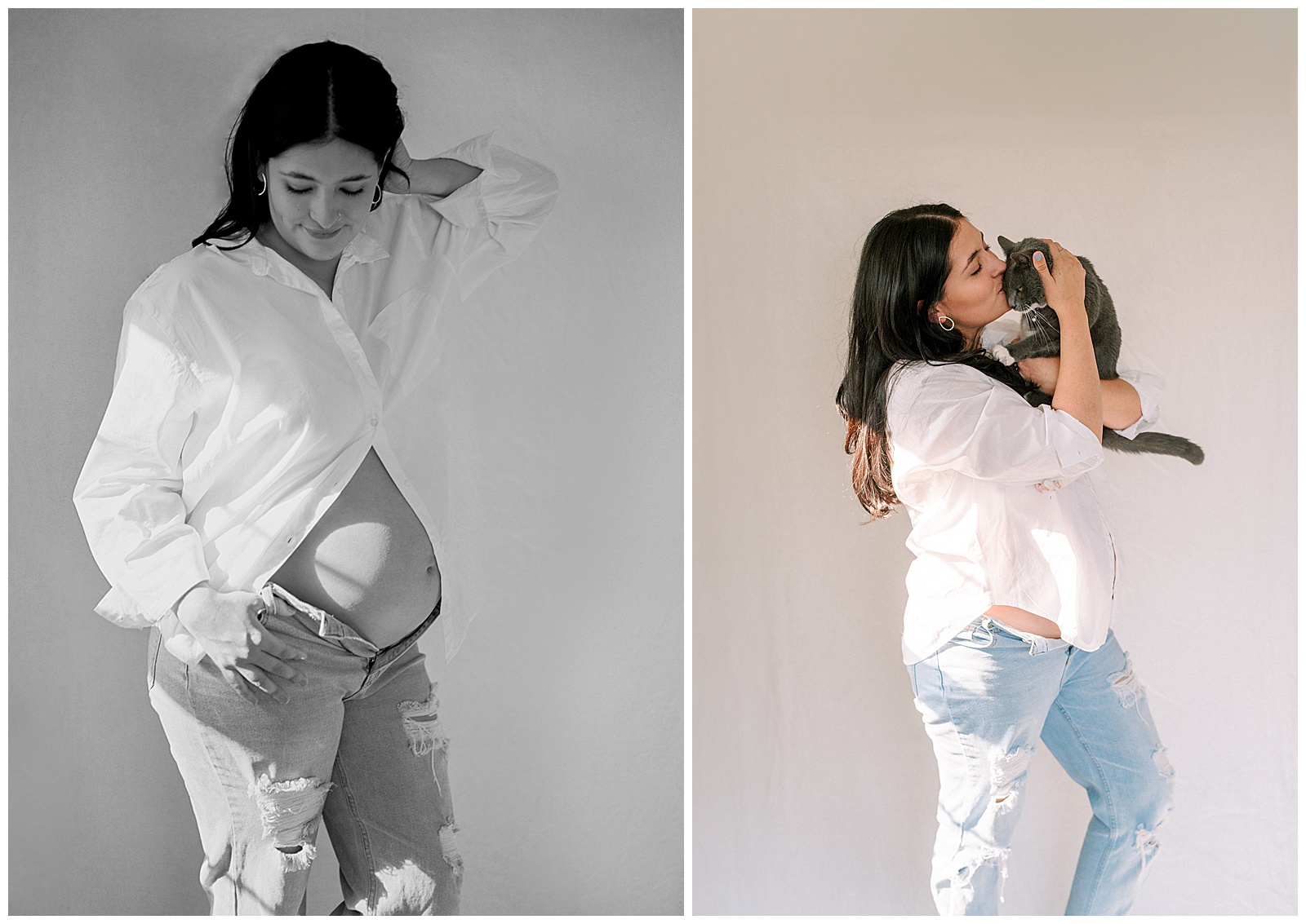 Mom poses with cat in magical and timeless Knoxville maternity session.