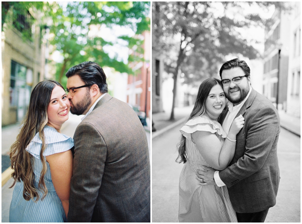 Husband and wife pose in black and white image during downtown knoxville anniversary session